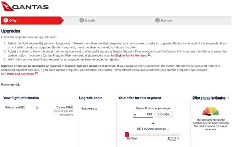 Example of a Qantas Bid Now upgrade offer from 2022