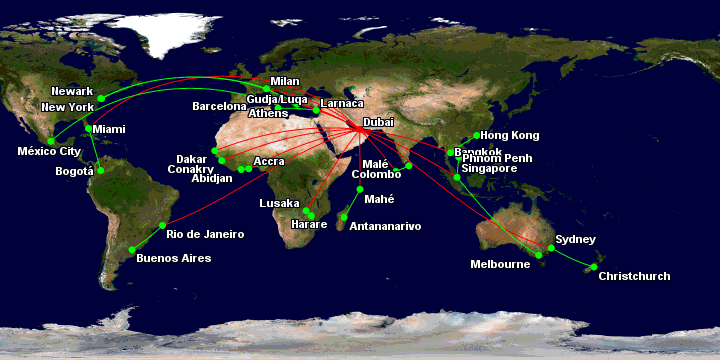 A map showing the Emirates fifth-freedom routes in 2024: SYD-CHC, SIN-MEL, SIN-PNH, BKK-HKG, MLE-CMB, LCA-MLA, ATH-EWR, MXP-JFK, ACC-ABJ, HRE-LUN, CKY-DSS, GIG-EZE, BCN-MEX, MIA-BOG and SEZ-TNR.