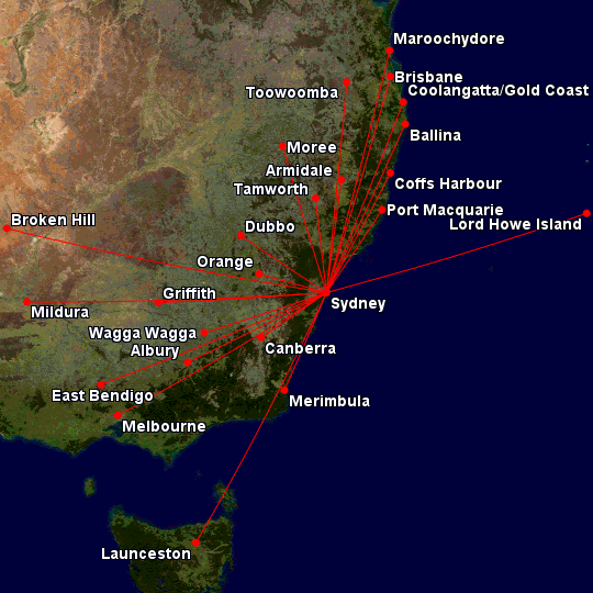 Map of Qantas routes within 600 miles of Sydney