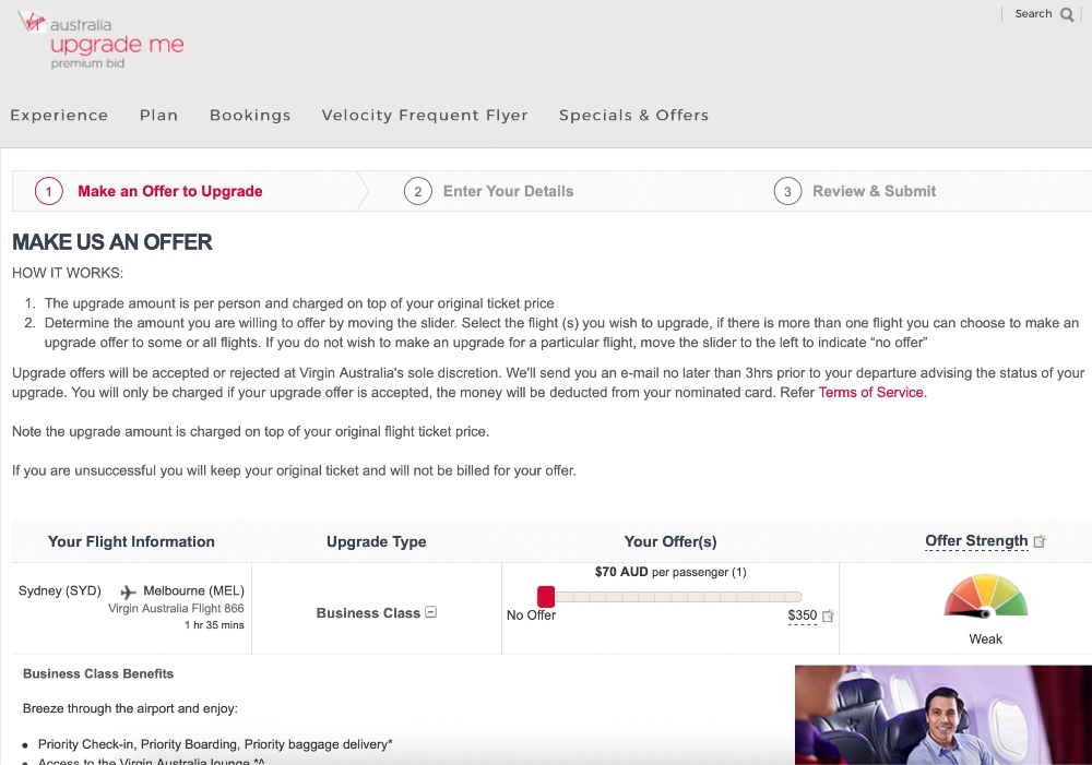 Virgin Australia UpgradeMe Premium Bid pricing on the SYD-MEL route.