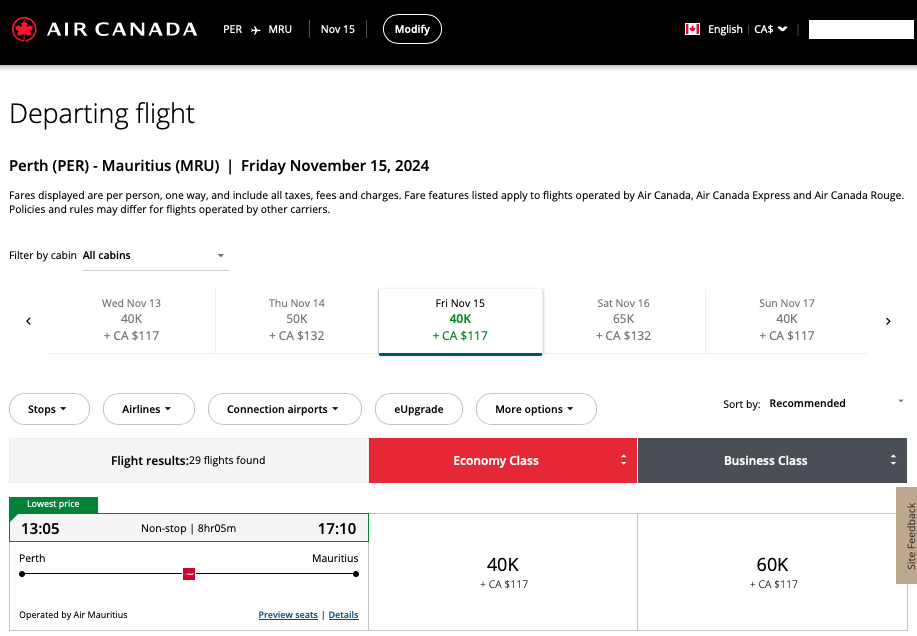 Example of an Air Mauritius award flight available to book through Aeroplan on Air Canada's website.