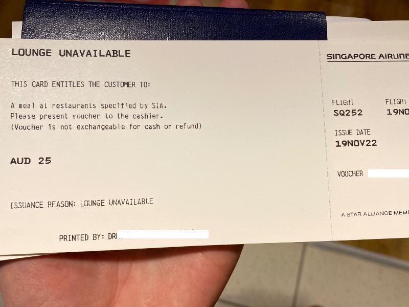 Singapore Airlines offered a $25 meal voucher as there was no lounge available at Darwin Airport