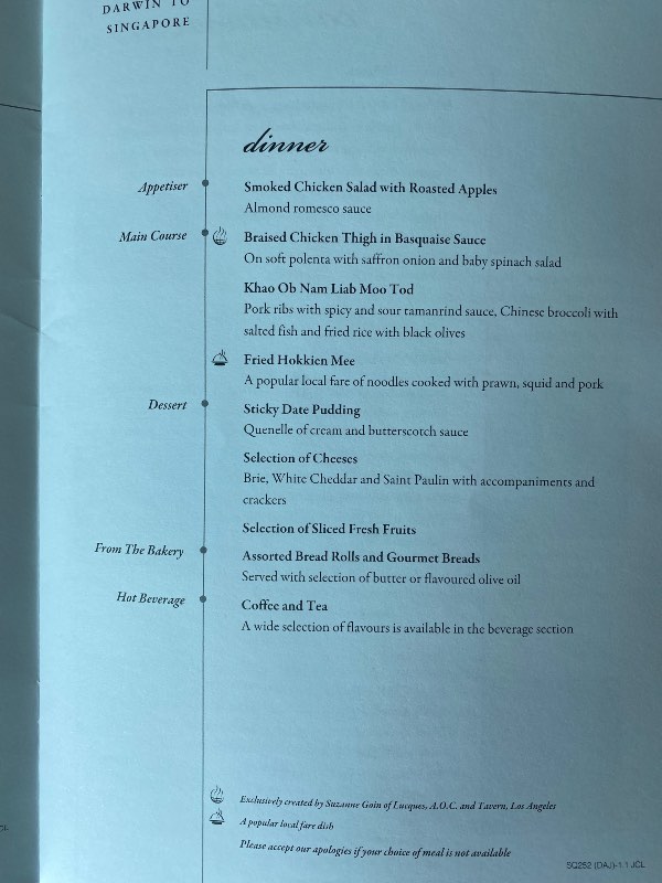 Business Class menu on SQ252