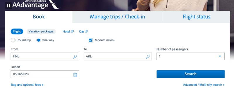 Check the "redeem miles" box to search for award availability on the American Airlines website