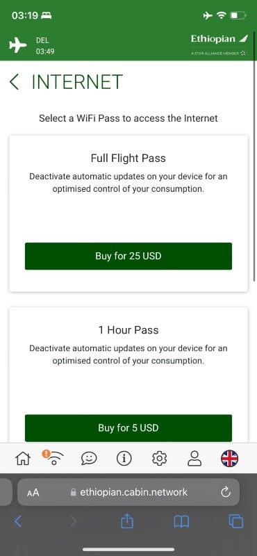 Ethiopian Airlines wifi connection