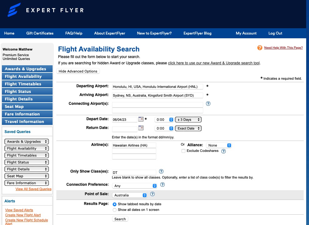Searching for Hawaiian Airlines award availability on Expert Flyer.