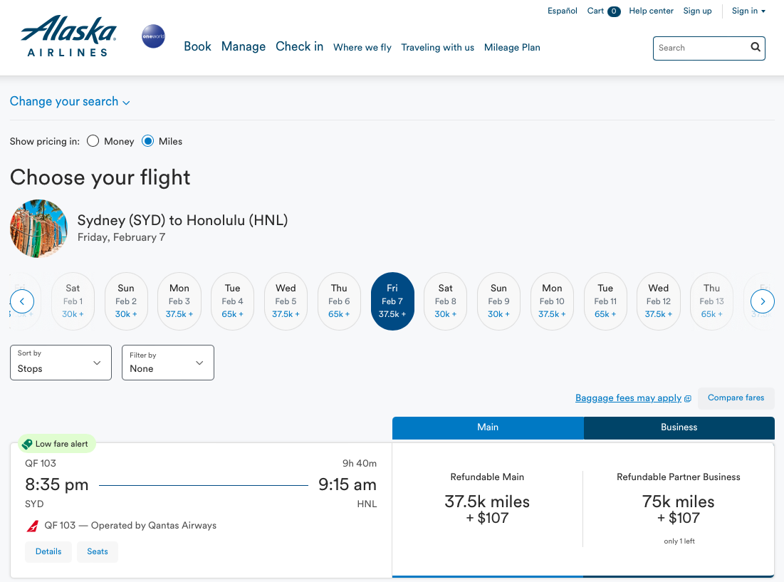 Qantas SYD-HNL reward seats on the Alaska Airlines website