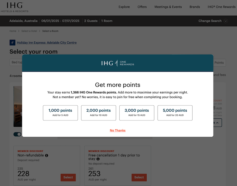 Example of an offer to purchase bonus points when booking the Holiday Inn Express Adelaide on the IHG website