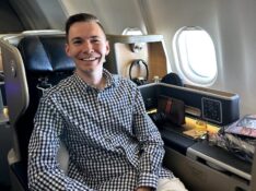 Matt Graham in a Qantas A330 business class seat