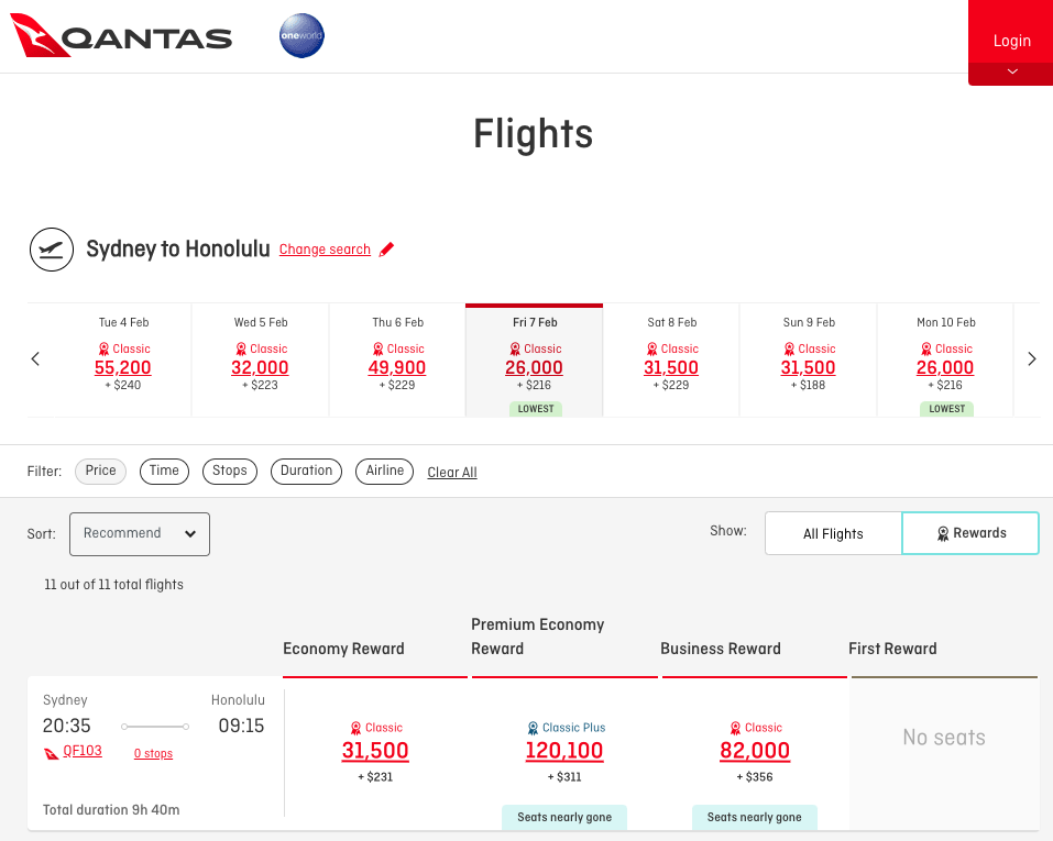 Qantas Business Reward seat available on QF103