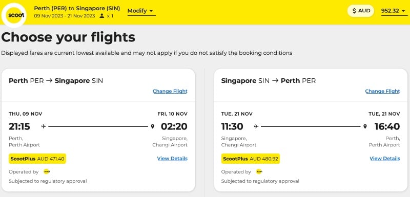 Example of a ScootPlus round-trip fare from Perth to Singapore in 2023