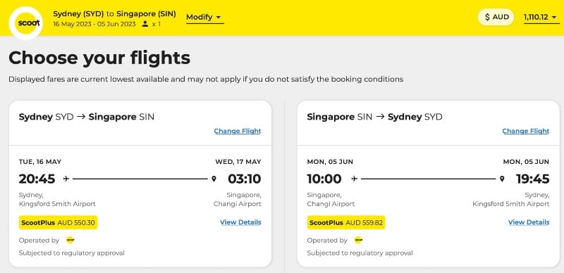 Example of a ScootPlus round-trip fare from Sydney to Singapore in 2023