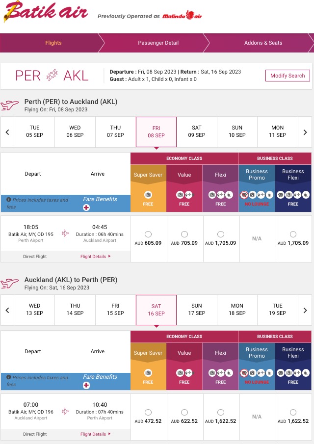 Batik Air Malaysia fares PER-AKL