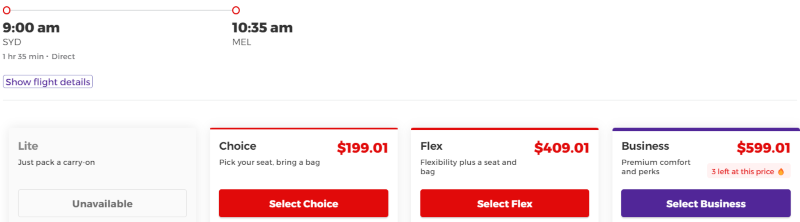 Screenshot of a SYD-MEL flight for sale on the VA website