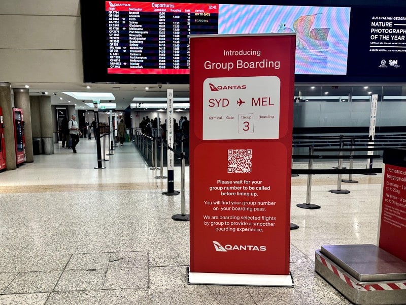 Qantas boarding group signage at Brisbane Airport domestic check-in area