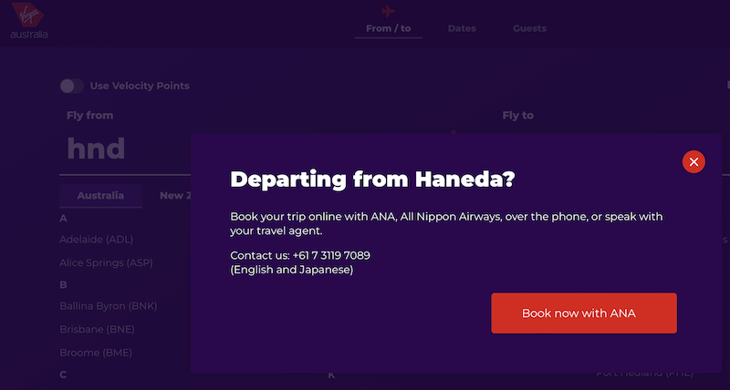 Searching for flights ex HND on the Virgin Australia website