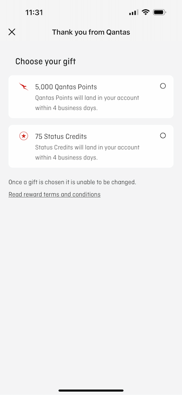 Choose between points or status credits in the Qantas app
