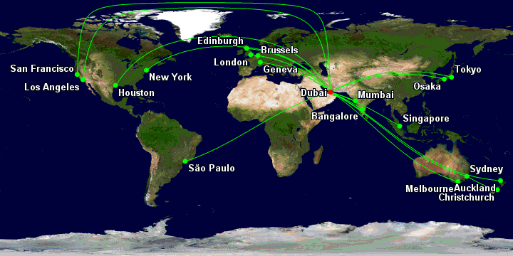 Emirates Premium Economy routes aas of September 2024: DXB-AKL, DXB-BLR, DXB-IAH, DXB-LHR, DXB-LAX, DXB-MEL, DXB-BOM, DXB-JFK, DXB-SFO, DXB-GRU, DXB-SIN, DXB-SYD-CHC, DXB-NRT, DXB-HND, DXB-KIX, DXB-GVA, DXB-BRU and DXB-EDI.