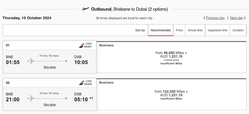 Emirates Business Classic Reward options from Brisbane to Dubai