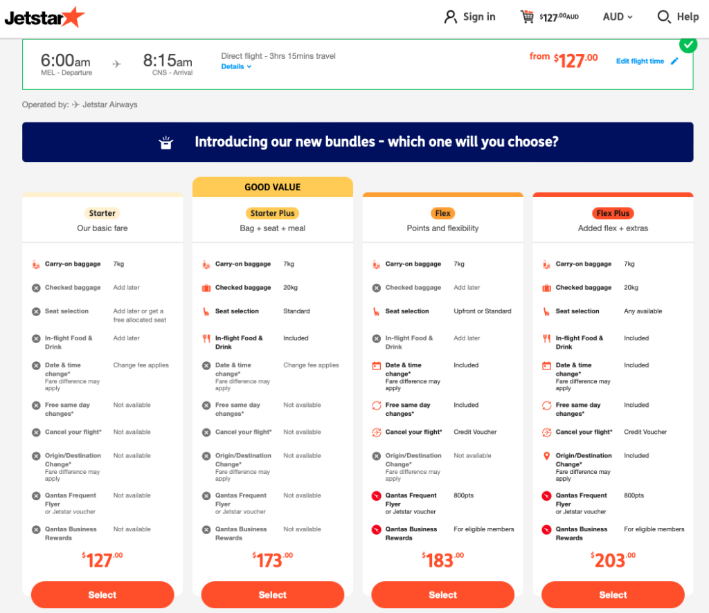 Jetstar bundles available on the MEL-CNS route