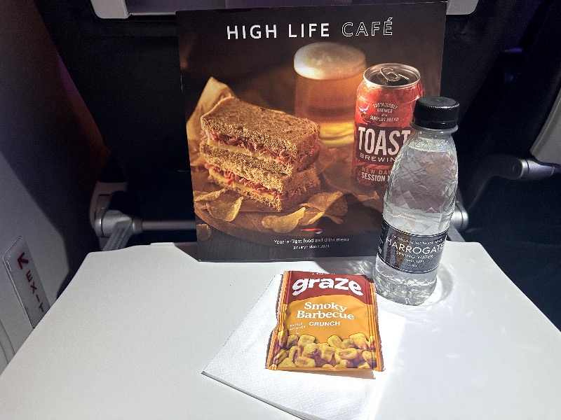 Complimentary snack and water on a British Airways flight in Euro Traveller