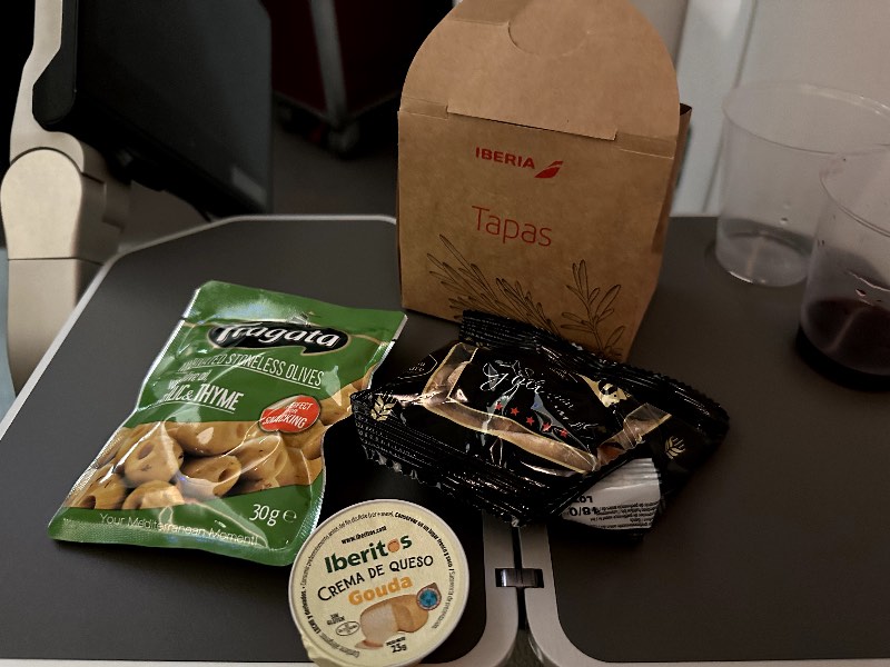 Contents of a tapas box served as the mid-flight snack in Iberia Premium Economy