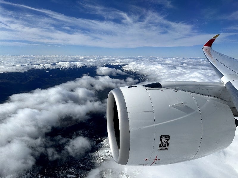 View of an Iberia Airbus A350 wing as the plane descends towards Madrid, Spain