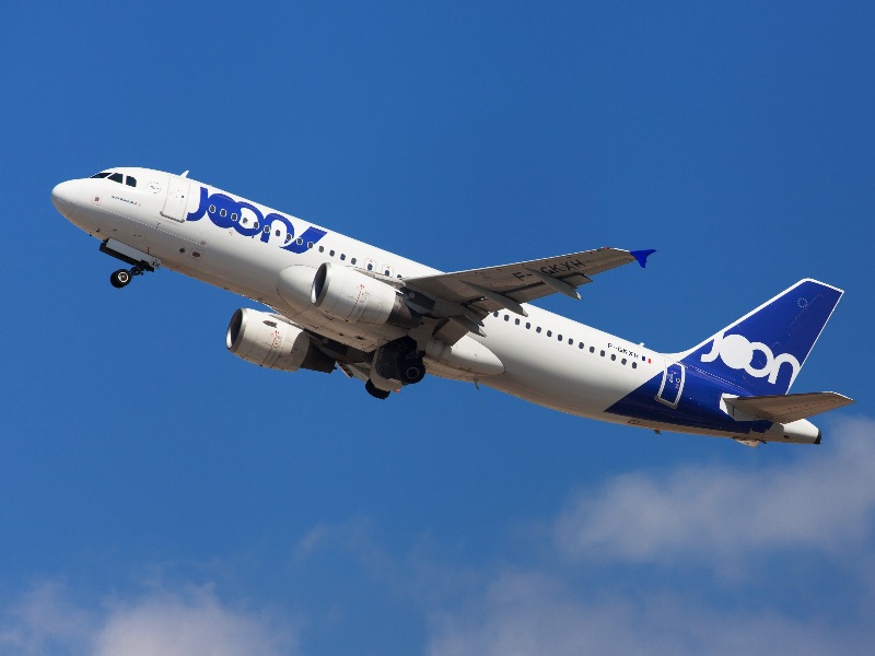 Joon Airbus A320 taking off from El Prat Airport in Barcelona, Spain.