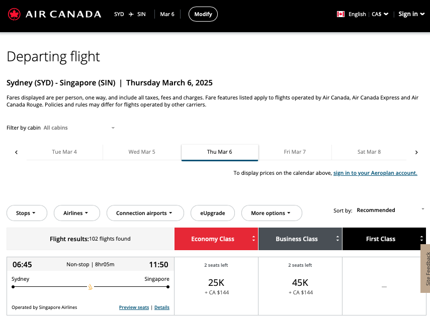 Air Canada website showing SQ Economy and Business Class flight reward availability from SYD to SIN