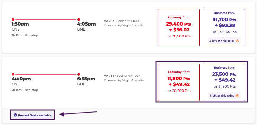 Velocity Reward Seats from CNS to BNE on the Virgin Australia website
