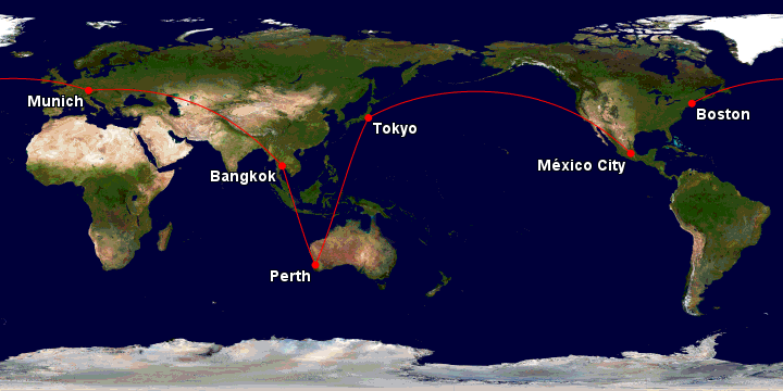 Example of a KrisFlyer Star Alliance award itinerary from Perth to Boston, returning from Mexico City