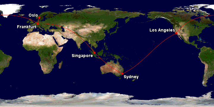 Example of a Lufthansa RTW itinerary: SYD-SIN-FRA-OSL-FRA-LAX-SYD.