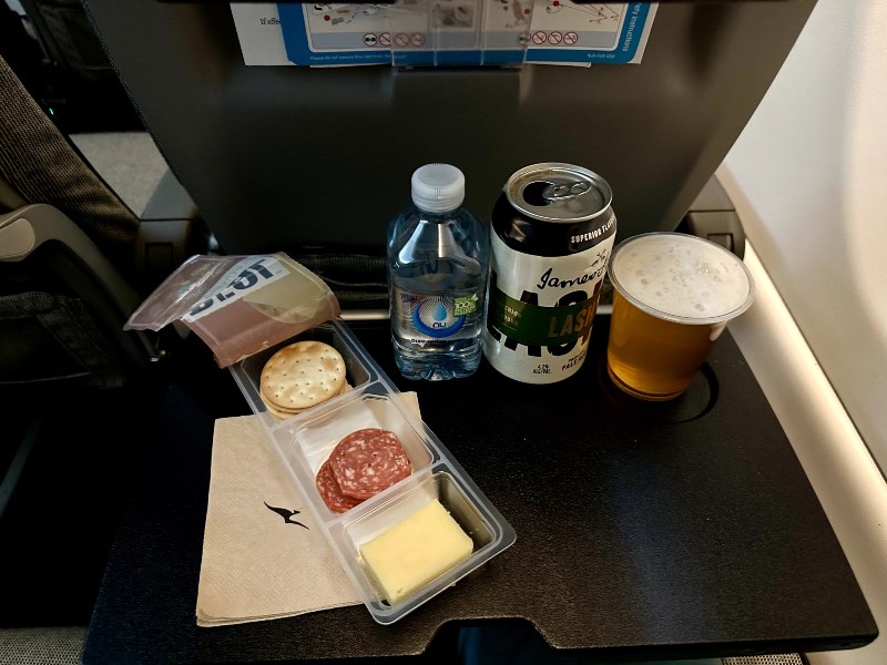 Cheese, crackers and salami in Qantas economy class on a short domestic flight