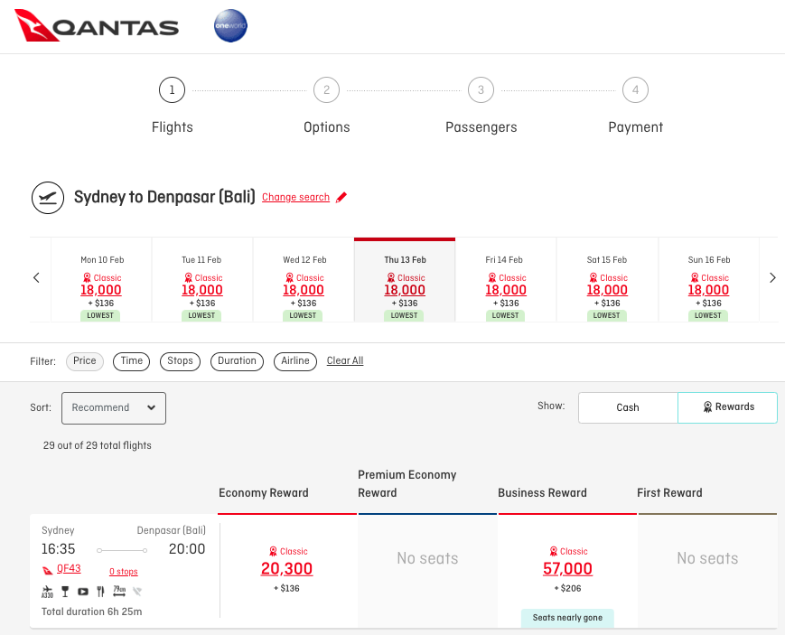 Classic Reward seats from Sydney to Bali on the Qantas website