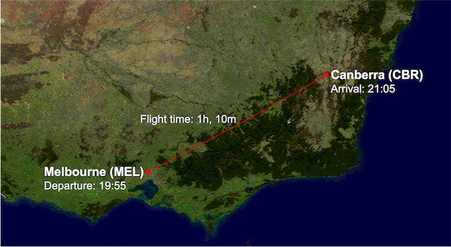 QF1286 route map from MEL to CBR