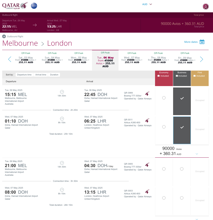 Qatar Airways website showing award availability from MEL to LHR