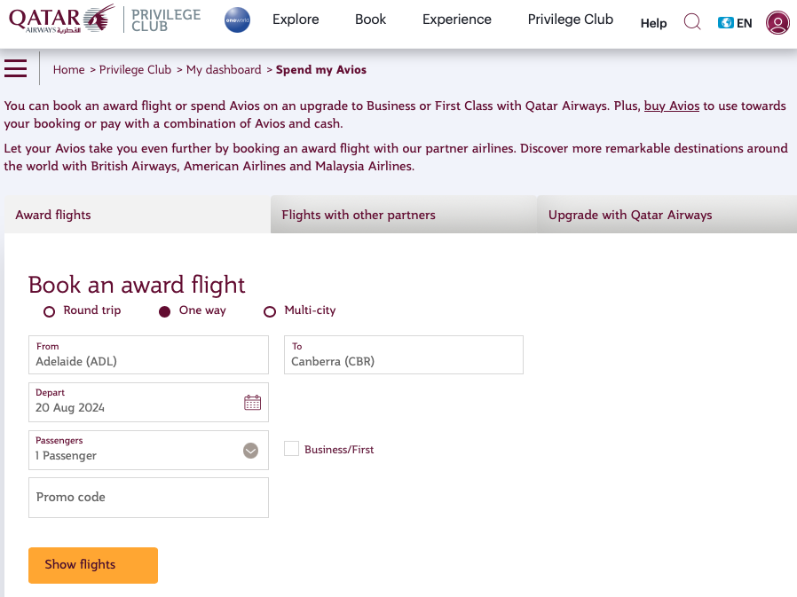 Book an award flight on the Qatar Airways website