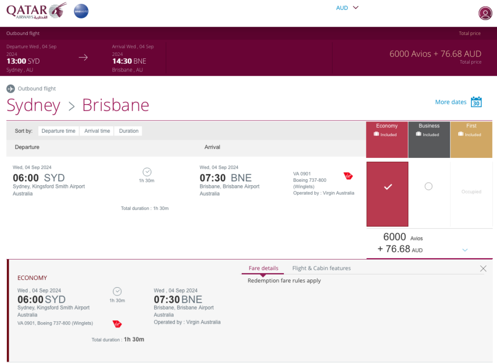 SYD-BNE Virgin Australia economy award flight on the QR website