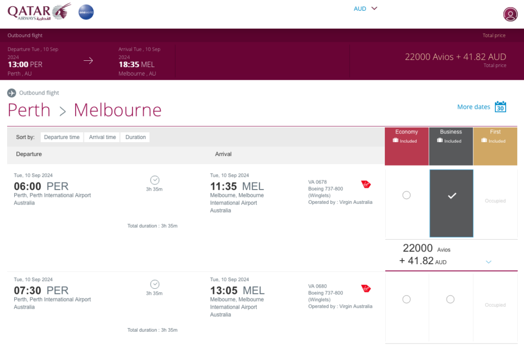 Virgin Australia PER-MEL award flight on the Qatar Airways website