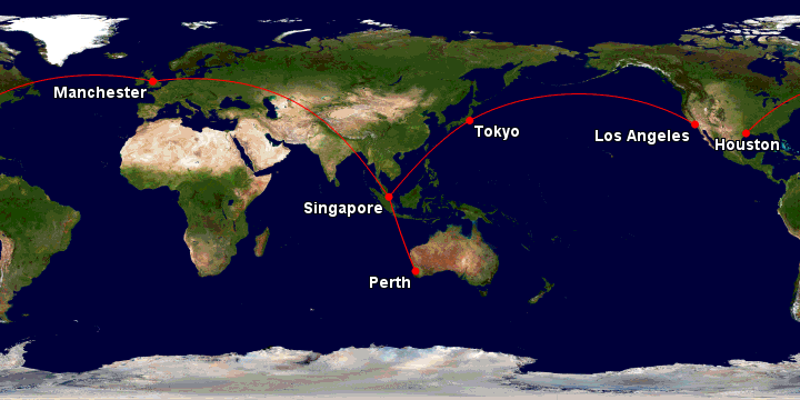A Singapore Airlines KrisFlyer award itinerary from PER-SIN-MAN-IAH, returning LAX-NRT-SIN-PER