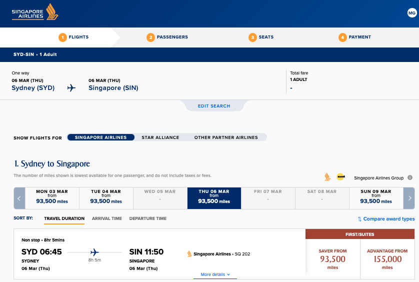 KrisFlyer First availability from SYD to SIN on the Singapore Airlines website