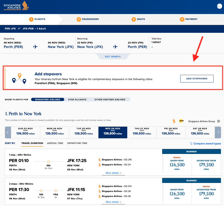 Add a stopover to a KrisFlyer award booking from PER to JFK
