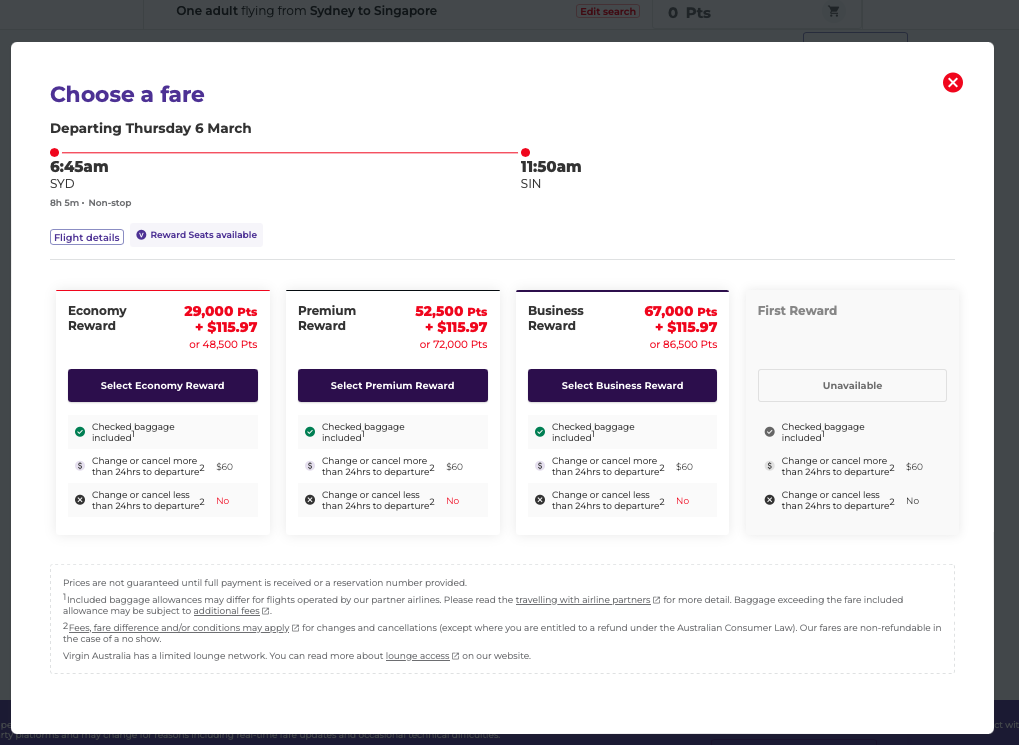 Virgin Australia website showing Singapore Airlines SYD-SIN reward seat availability