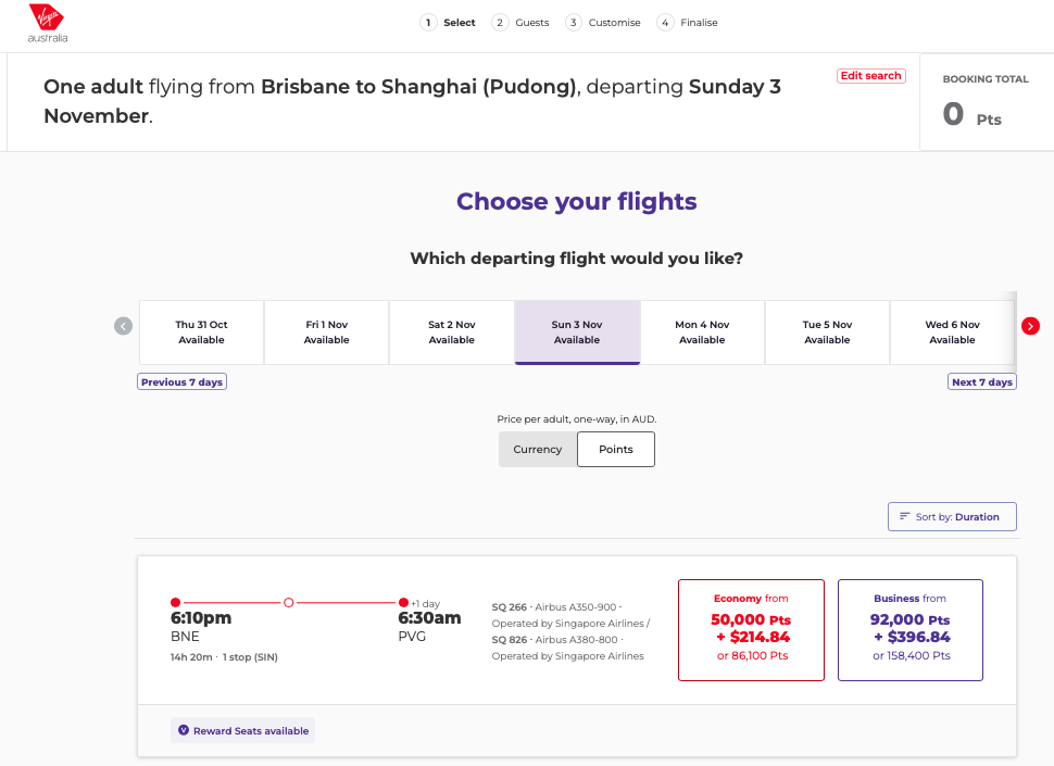 Velocity reward seats from BNE to PVG on the Virgin Australia website