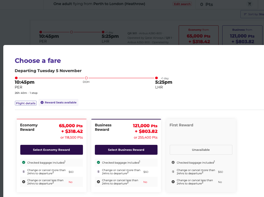 QR PER-DOH-LHR award availability on the Virgin Australia website