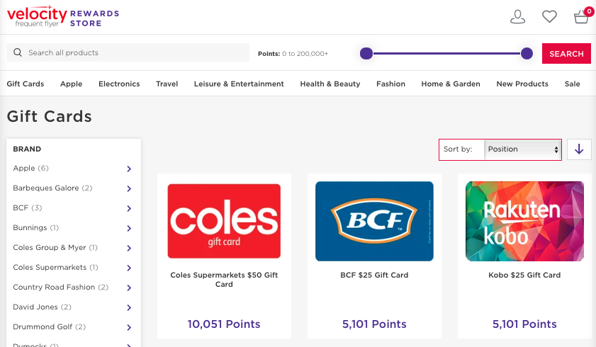 Coles, BCF and Kobo gift cards on the Velocity Rewards Store