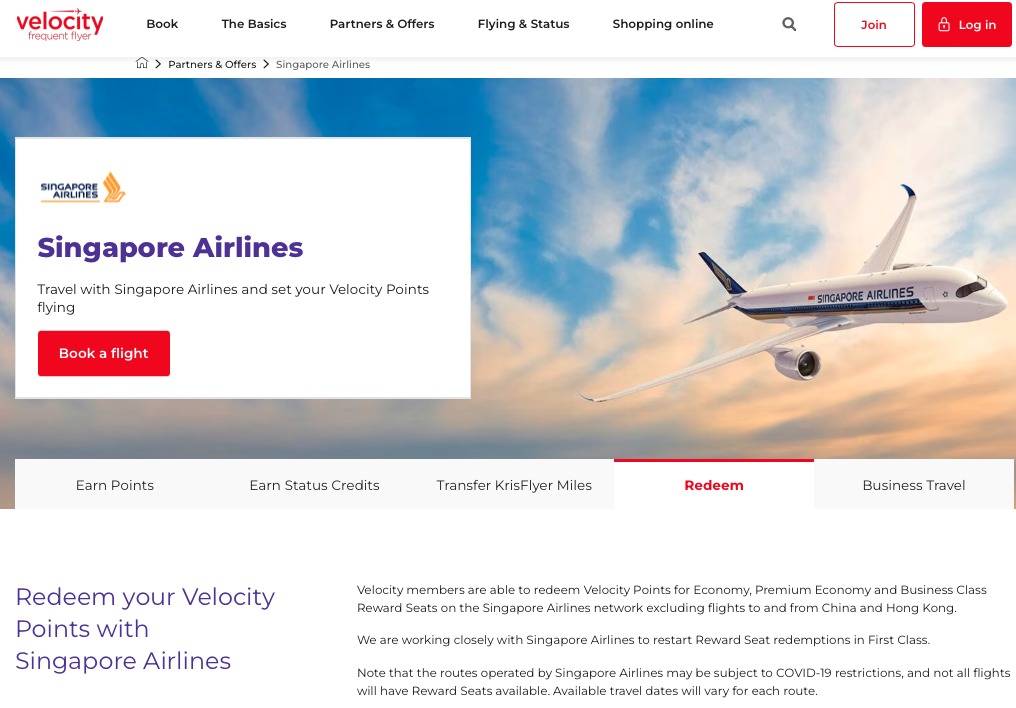 Velocity website page about redeeming points on Singapore Airlines