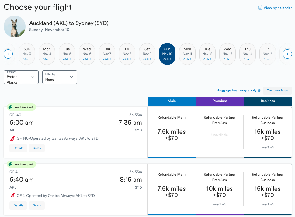 Alaska Airlines award pricing on the AKL-SYD route