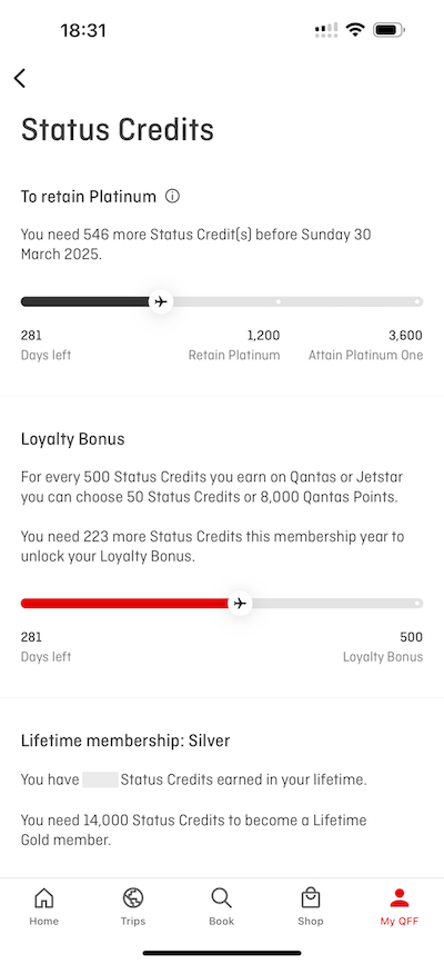 Qantas Status Credits information in the app