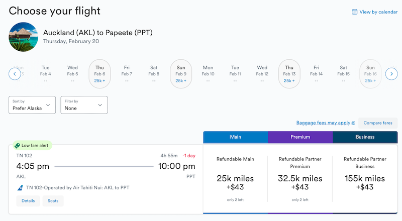 Alaska Airlines award availability on TN from AKL to PPT